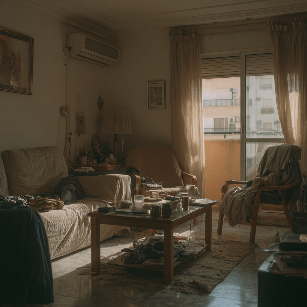 Interiorismo en Sevilla en vivienda real con salón desordenado que refleja patrones de uso y acumulación cotidiana.