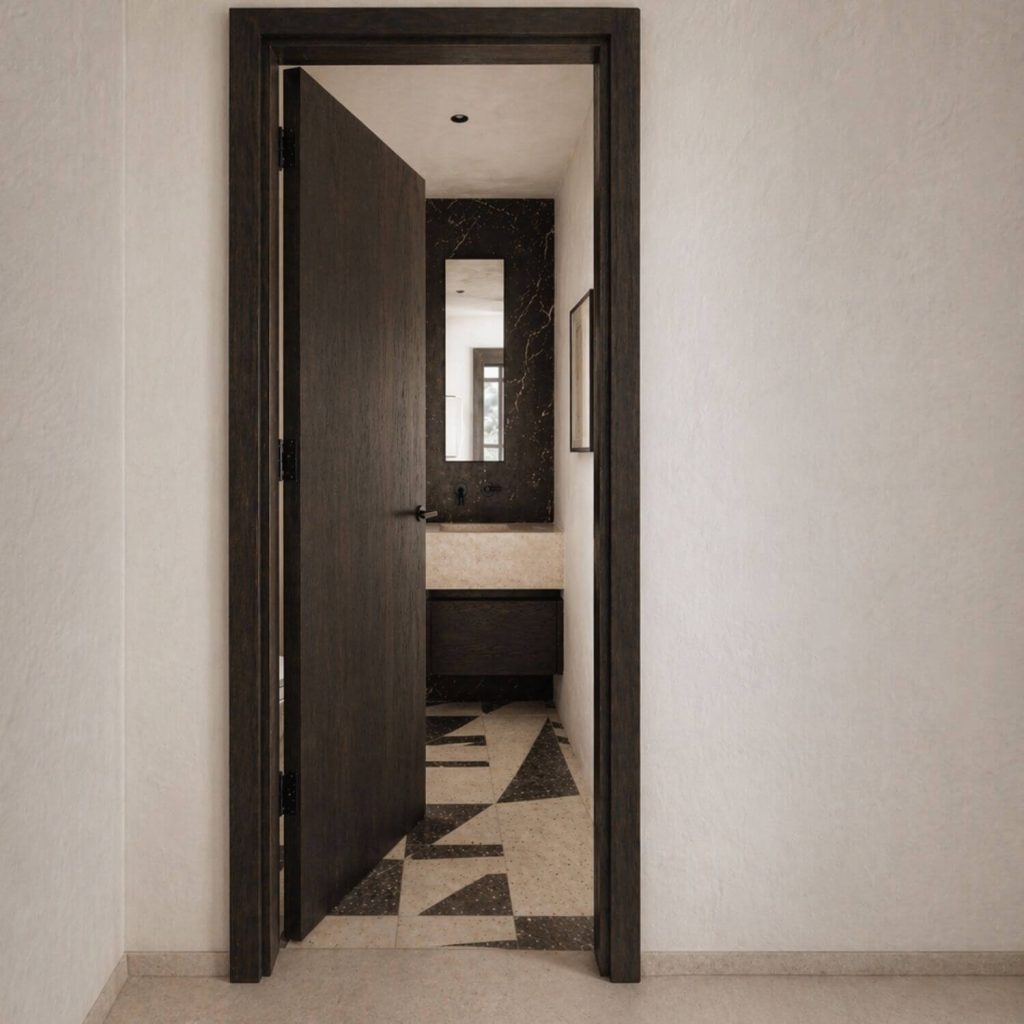 Aseo del Proyecto de interiorismo Vigía en Sevilla con lavabo de piedra clara, espejo, grifería negra y pavimento geométrico