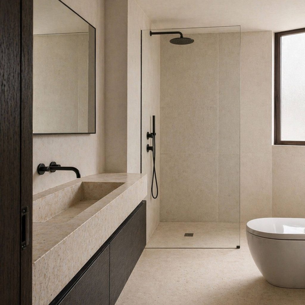 Baño principal del Proyecto de interiorismo Vigía en Sevilla con lavabo integrado, ducha abierta y acabados en piedra clara
