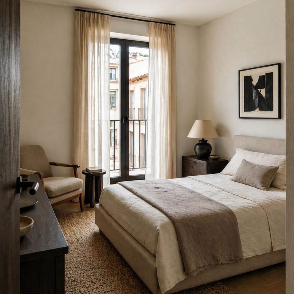 Dormitorio principal del Proyecto de interiorismo Vigía en Sevilla con cama tapizada, textiles neutros y carpintería en madera oscura