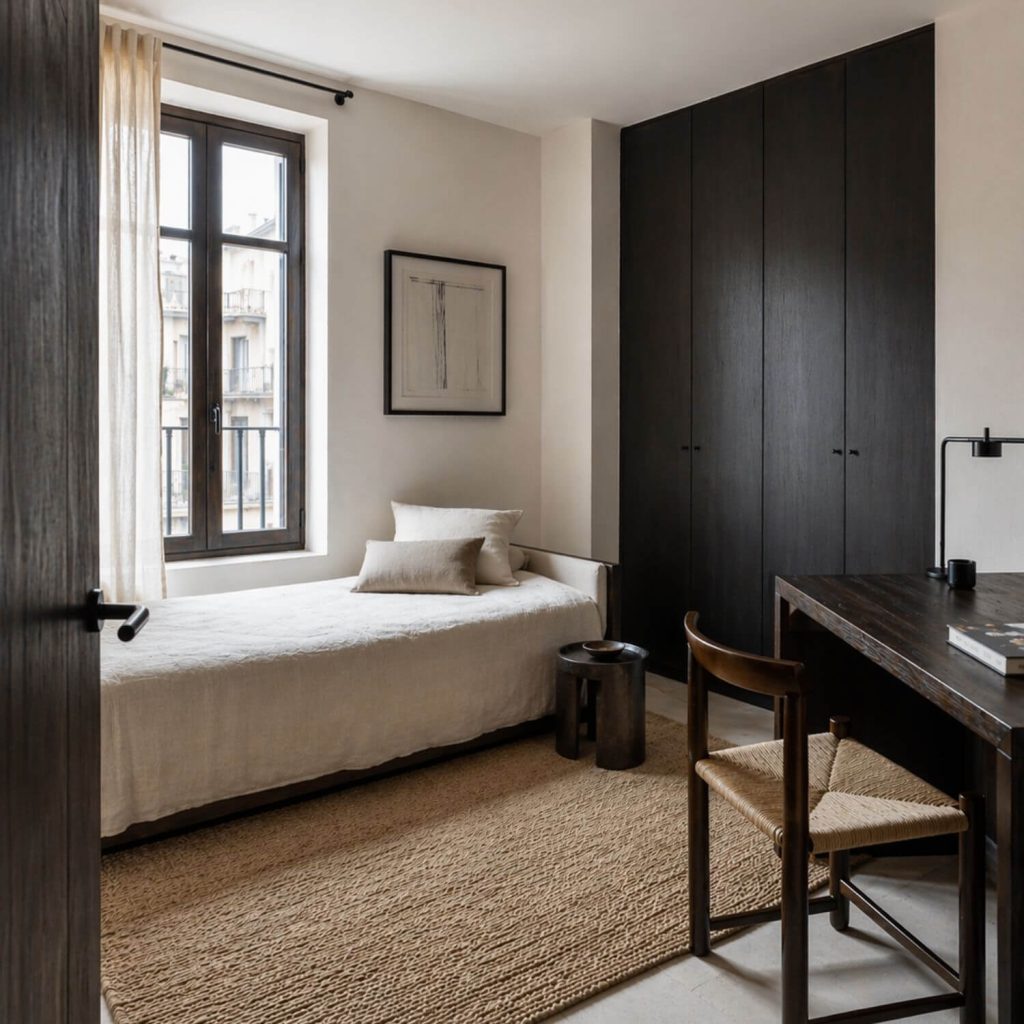 Dormitorio secundario del Proyecto de interiorismo Vigía en Sevilla con cama individual, escritorio de madera y armario oscuro