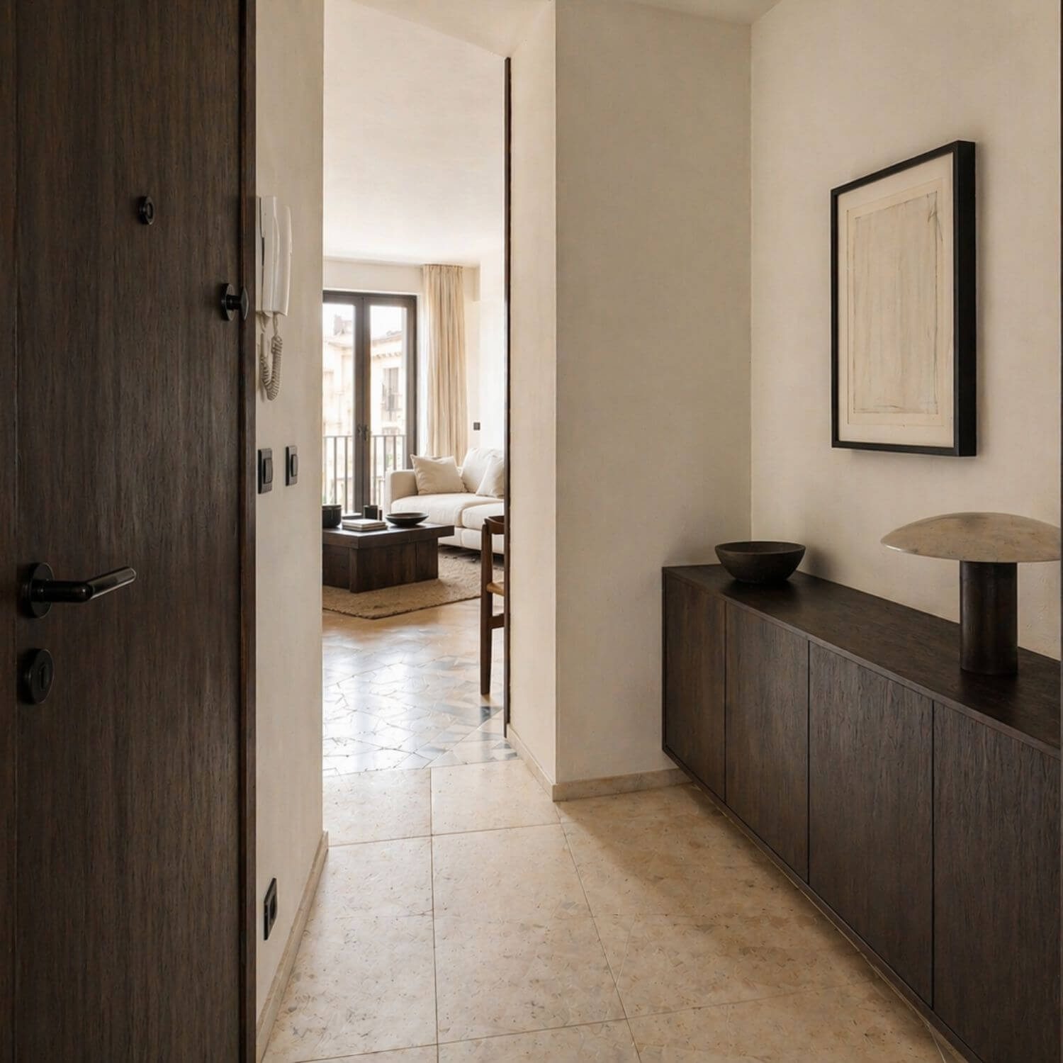 Entrada del Proyecto Vigía en Sevilla con aparador de madera oscura y vista al salón al fondo. Interiorismo en Sevilla