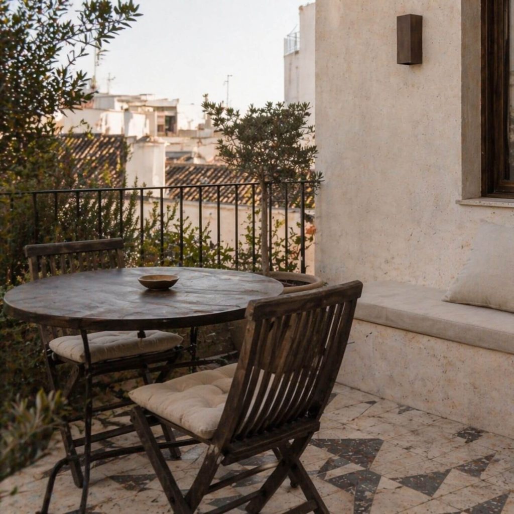 Terraza comedor del Proyecto de interiorismo Vigía en Sevilla con mesa redonda exterior, pavimento geométrico y vegetación