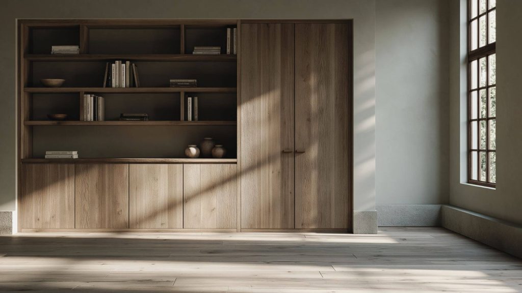 Mueble de almacenaje a medida en salón con diseño cálido y funcional.