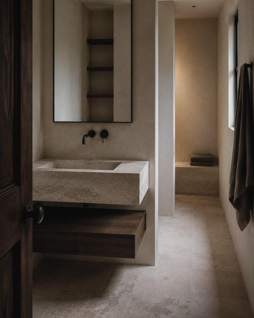 Baño principal con lavabo suspendido de piedra, mobiliario de madera oscura y ducha integrada en proyecto de interiorismo en Sevilla.