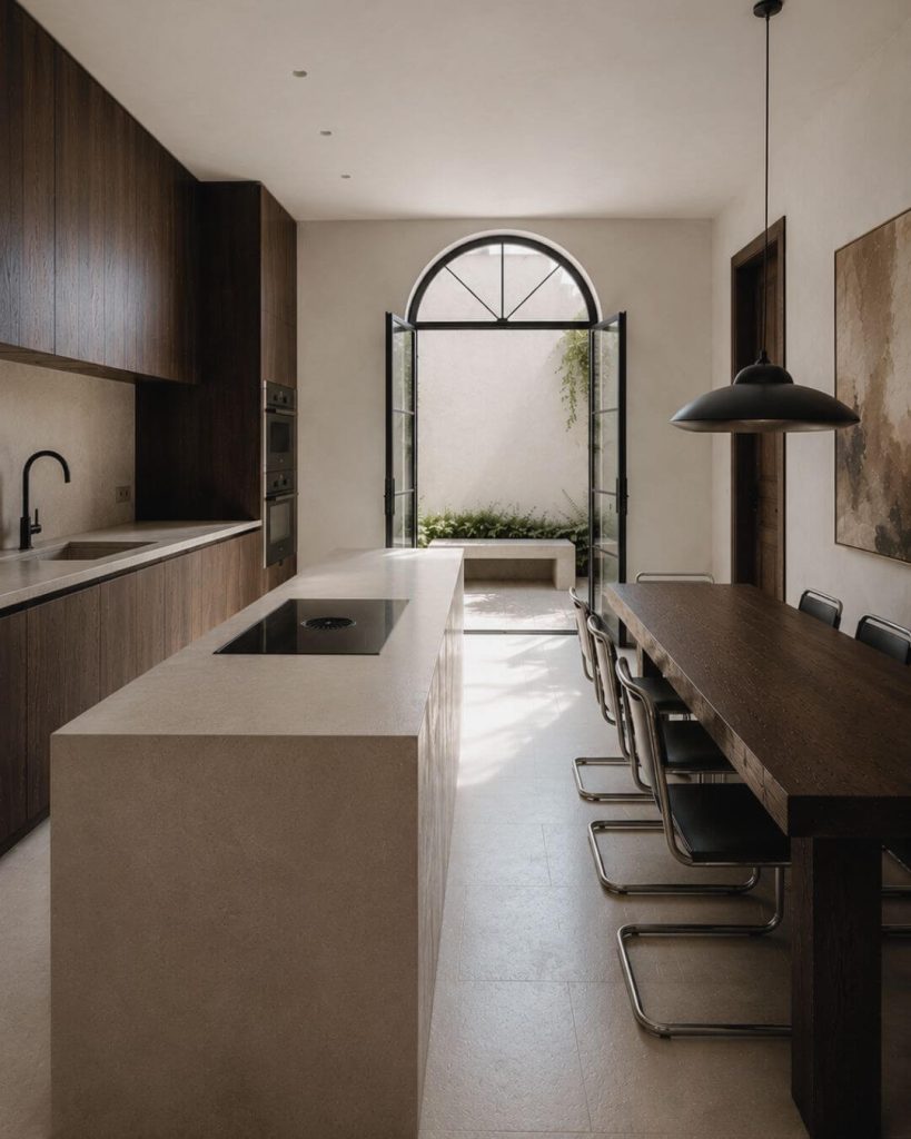 Cocina con isla, mesa de madera oscura y salida al patio en casa tradicional reformada en Sevilla.