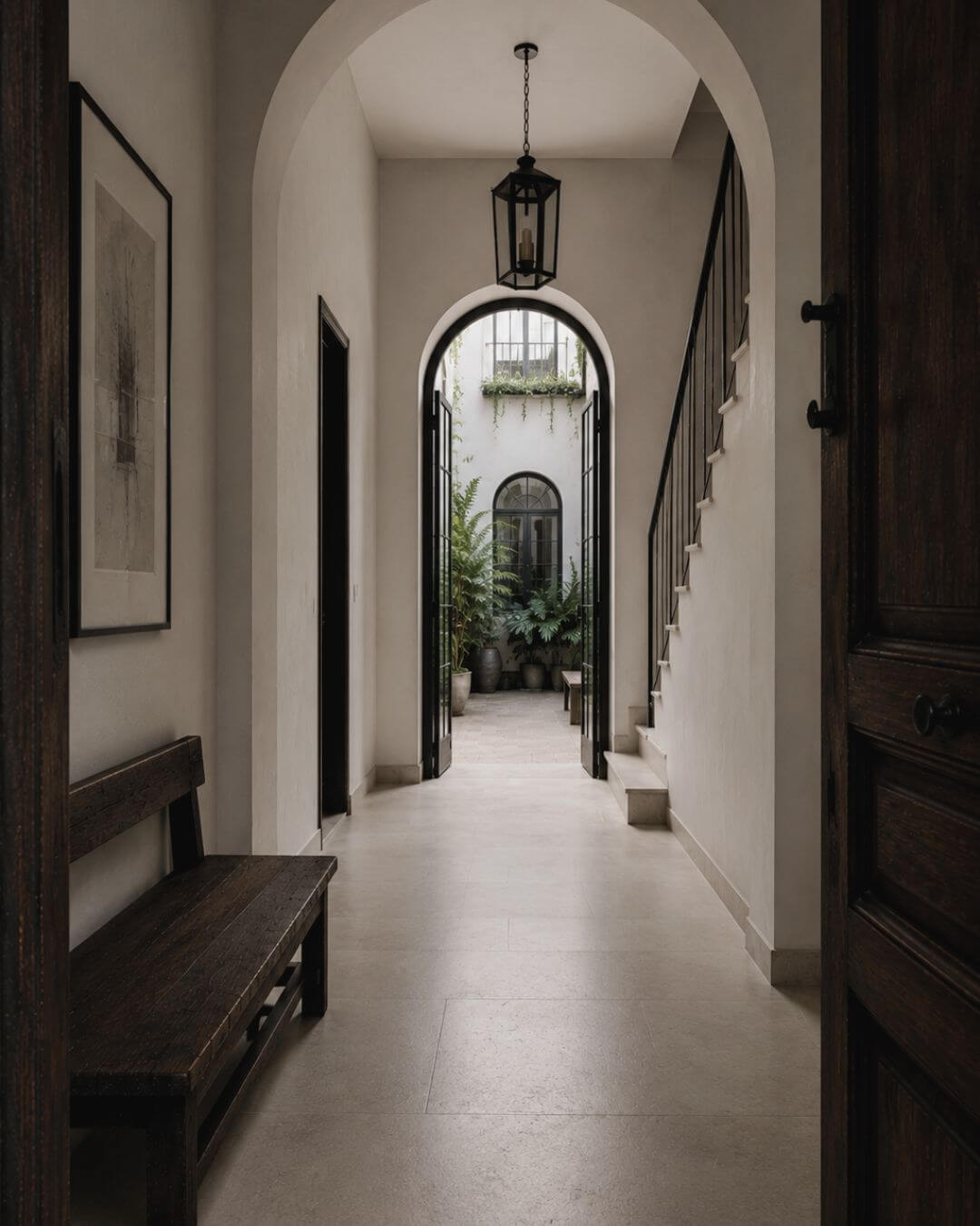 Zaguán con arco, banco de madera y patio interior en proyecto de interiorismo de casa tradicional andaluza. Proyecto de interiorismo en Sevilla.