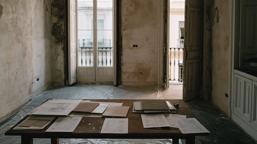 Presupuestos y planos de reforma en una vivienda antigua de Sevilla antes de empezar la obra.