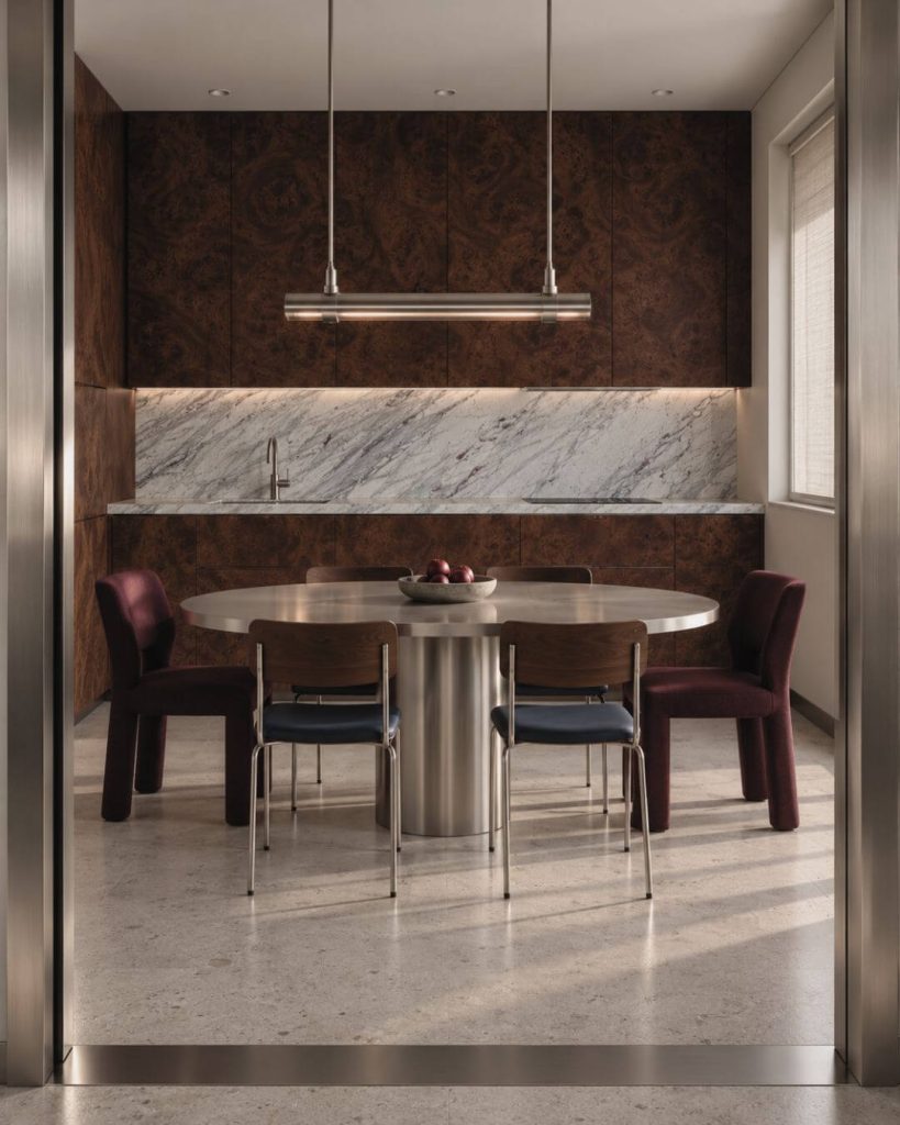 cocina de interiorismo en sevilla con madera de raíz, piedra natural y mesa de acero cepillado