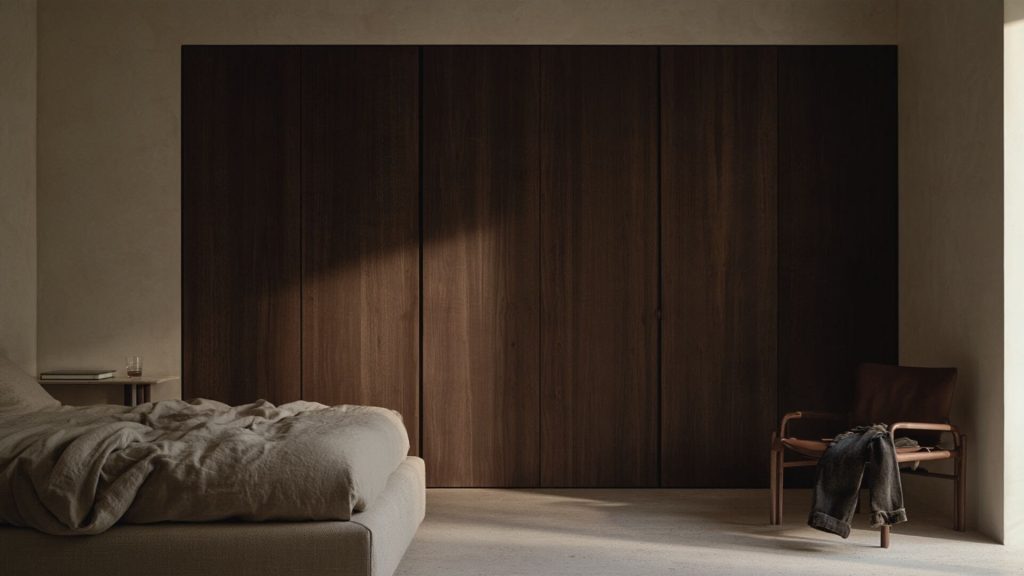 Dormitorio con armarios de nogal, cama de lino y silla con ropa usada junto al vestidor.